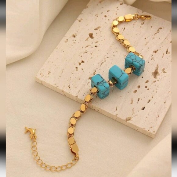 Vintage Copper Plated Peacock Stone Handmade Chain Bracelet with Extender NWOT - Picture 2 of 3